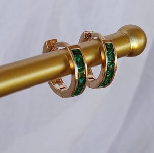 Elegant Gold Hoop Earrings with Green Stones